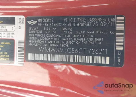 2012 Mini Cooper S из США, поврежденный, VIN WMWSV3C56CTY26211